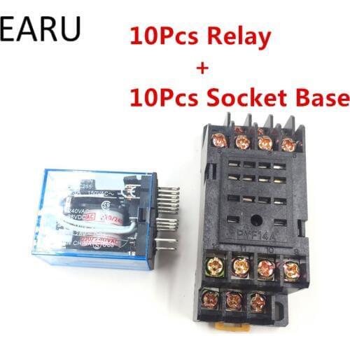 10Sets MY4NJ Electronic Micro Mini Electromagnetic Relay 5A 14PIN Coil 4DPDT With PYF14A Socket Base DC12V 24V AC110V 220V LED