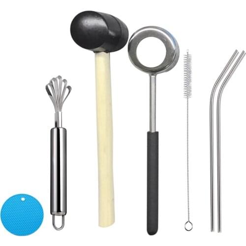 Coconut Opener Tool,Coco Opener for Coconut,Coconut Shell Puncher Knife with Rubber Hammer,Straws,Brush,Silicone Mat