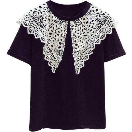 Sweet Lace T-shirt Women Summer New Short Sleeve Loose Black White Patchwork Tops Ladies Casual Fashion O-Neck Korean T Shirt