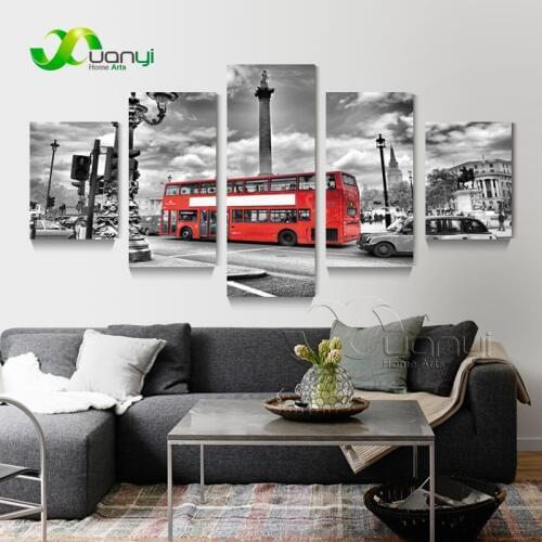 5 Panel London Red Bus Canvas Street Scene Landscape Oil Painting Modular Pictures For Living Room Unframed Wall Art Decoraction
