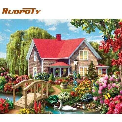 RUOPOTY 50x65cm Framed House With Flower Landscape Painting By Numbers Home Decor HandPainted Wall Artwork DIY Paints Gift