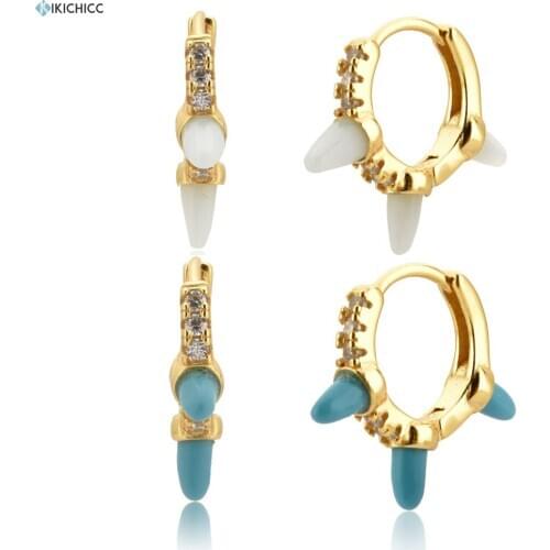 Kikichicc 100% 925 Sterling Silver Three Gemstone CZ Spike Earring Hoops Loop Piercing Pendiente luxury Rock Punk Jewelry Fine