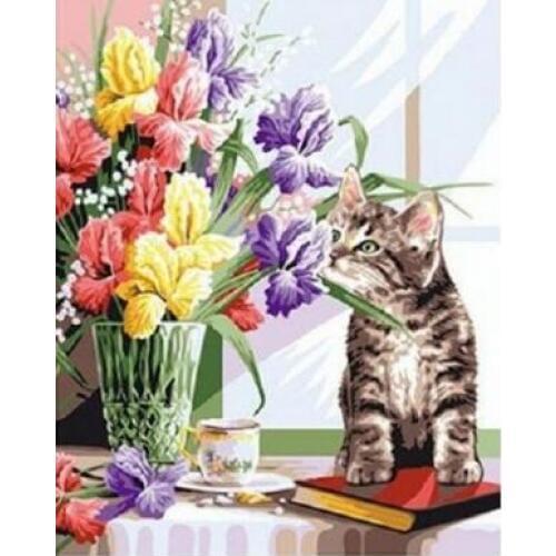 Kitten with irises Framed Picture Painting & Calligraphy Of Loely Animals DIY Painting By Numbers Coloring By Numbers Home Decor