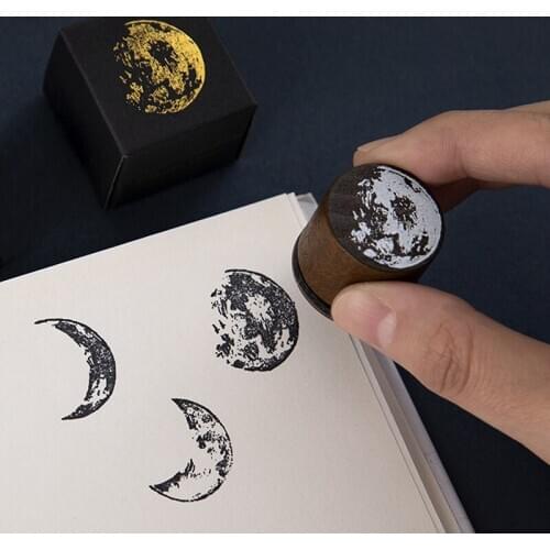 Round Retro Wood Stamp Moon Series DIY Art Craft Standard Stamp Decor Scrapbooking Diary Stationery Gold Silver Black Ink Mud
