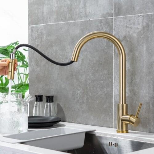 Kitchen Faucet Brushed Gold Pull Out Kitchen Tap Black Pull Down Kitchen Mixer Rotating Sink Faucet