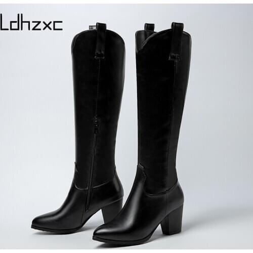 LDHZXC 2020 Autumn Winter high knee Boots Women heel Boots Fashion Pointed Toe Female Casual Loose Patent Leather Women Shoes