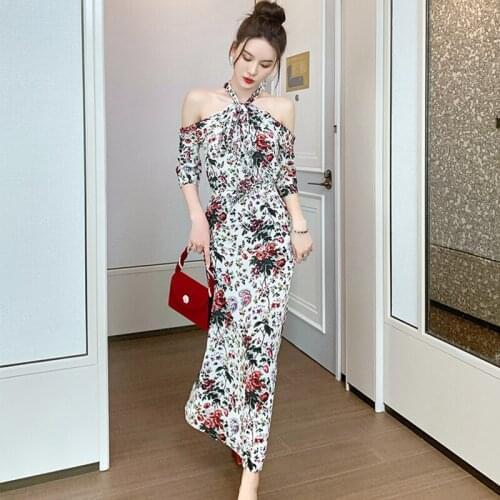 Fashion Summer Vintage Casual Sexy Strapless Halter Maxi Party Club Dress Ladies Elegant Robe Floral Print Beach Vacation Dress