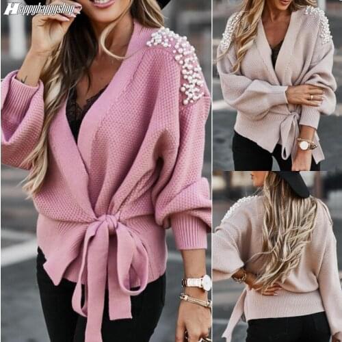 Fashion Women Sweater Long Sleeve V Neck Bowknot Solid Pullover Knitted Sweater Women Casual Beaded Lace Up Cardigan Coat Autumn