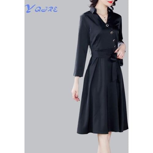 YQJRE New Autumn Womens V-neck Long-Sleeved Dlack Dutton Dress
