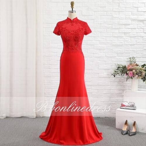 Charming Red Mermaid Prom Dress 2020 Transparent High Collar Short Sleeve Long Evening Dresses Formal Party Gowns robe de soiree