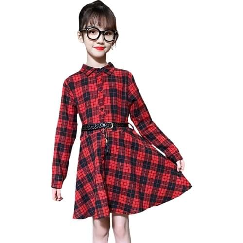 Teenage Girl Dresses Plaid Pattern Dress For Girl Free Belt Child Dress Letter Costumes For Girls 6 8 10 12 14