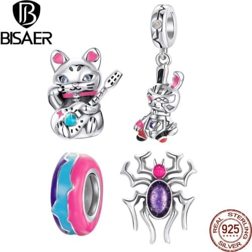 BISAER 925 Sterling Silver Mechanical Rabbit Spider Fortune Cat Charms Cyberpunk Style Charms Spacer DIY Jewelry Making ECC1840