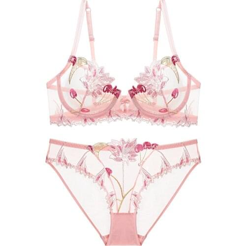 Sexy Floral Embroidery Ultra Thin Bra Set Young Girls Underwear Bra And Panty Set Lingerie Women