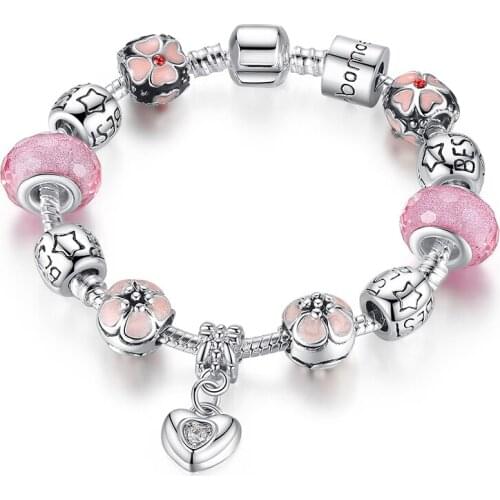 BK Silver Charm Bracelet with Heart Pendant & Cherry Blossom Charm Pink Murano Glass Beads Friendship Bracelet