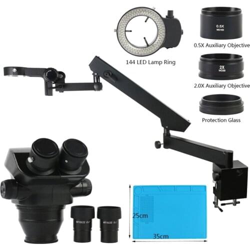 Articulating Arm Clamp Stand 3.5X-100X Zoom Binocular Stereo Microscope WF10X/22MM Eyepiece 144 LED Light Set For PCB Repair
