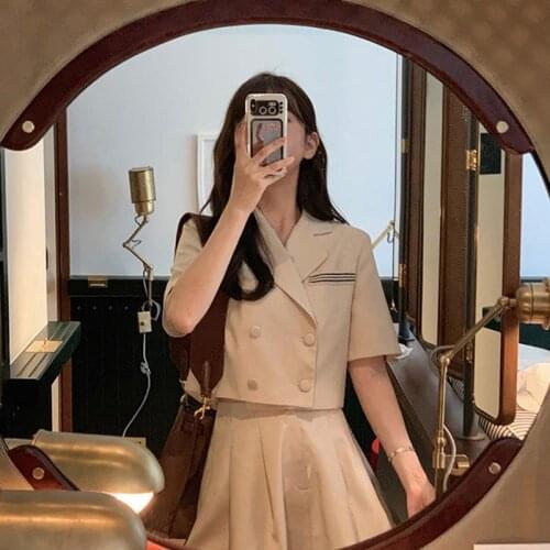 Thin Suit] 2021 New Summer Suit Two-piece Korean Womens Office Top and Pleated Skirt Women 2 Piece Dress Suit for Office