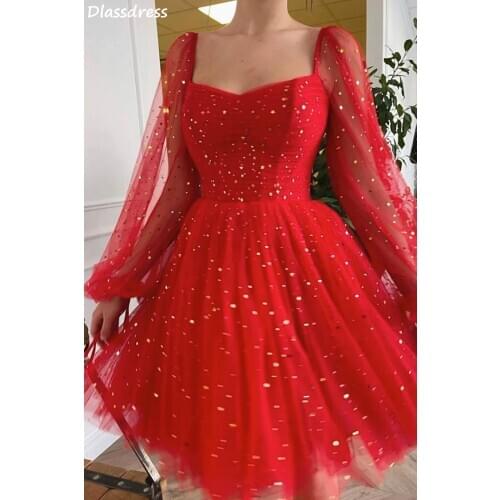 Wine Red Sequin Homecoming Dress Long Cap Sleeves Square Sweetheart Neck Simple Short Length Cocktail Gown robe de soirée de mar
