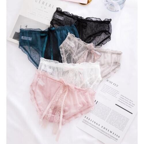 New woman Panties sexy fashion polka dot mesh pure color panties big bow lace lace multi-size Panties нижнее белье женское 05