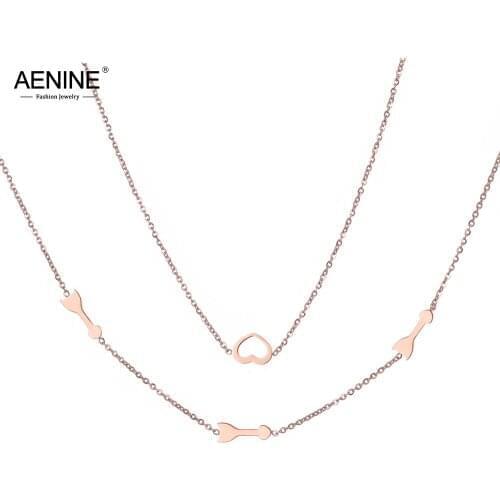 AENINE Bohemia Double Layers Charm Necklaces For Women Stainless Steel Rose Gold Arrow & Heart Chokers Pendant Necklace AN18278