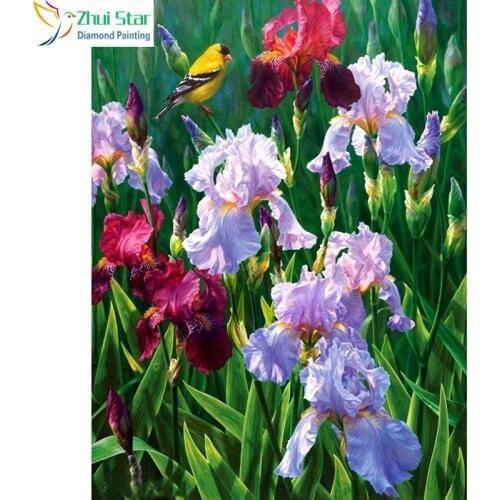 Zhui star 5d diy full square drill painting embroidery Iris flower & yellow Birds Cross Stitch Rhinestone mosaic Home decor gift