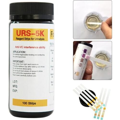 100Pcs/Box URS-5K Urine Test Strips Urine Glucose PH Protein Ketone Blood Reagent Analyzing Strips Home Ketosis Urinary Test