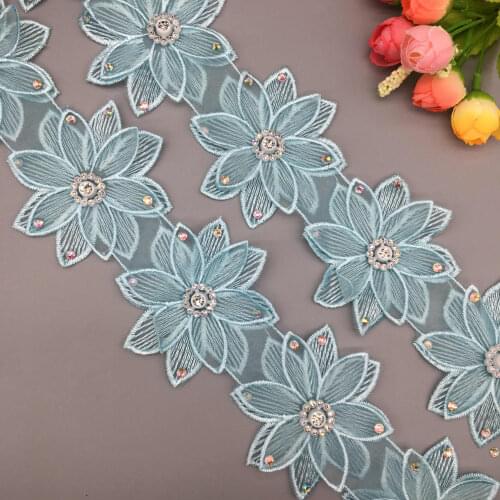 2 yards Blue 7.5cm 3D Cotton Pearl Flower Embroidered Lace Trim Ribbon Fabric Handmade DIY Wedding Dress Sewing Supplies Craft