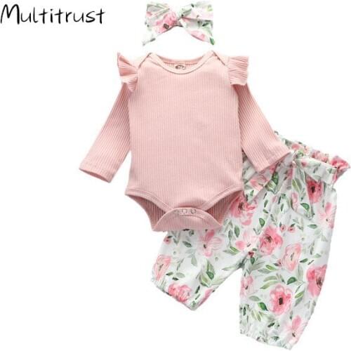 2020 Infant Baby Girls Floral Print Outfits Knit Long Sleeve Bodysuit+ Pants +Bowknot Headband 3pcs