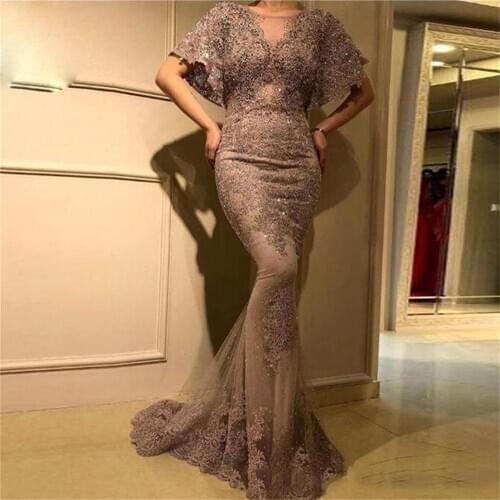 Shining Sequined Mermaid Evening Dresses With Sheer Neck Lace Appliques Short Sleeves Cocktail Party Gowns Tulle Prom Dreess