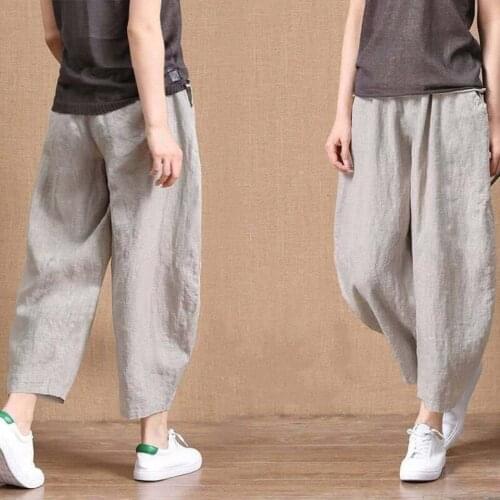 3Xl Plus Size Hot Loose High Waist Women Cotton Linen Summer Pants Thin Trousers Black Solid Color Pant Elastic Waist Female