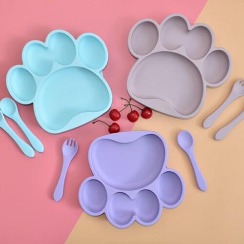 Cute Paw Baby Tableware Food Supplement Non-slip Suction Cup Silicone Dinnerware Set Baby Feeding Plates 1/3pcs BPA Free