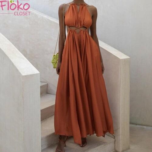 Flokocloset Summer Lace Up Halter Maxi Dress Sexy Off The Shoulder Beach Style 2021 Party Cut Out Bodycon Dress