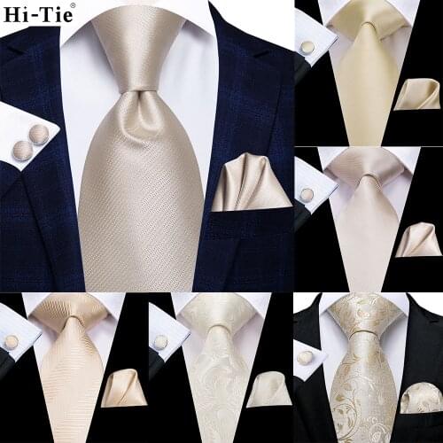 Hi-Tie Champagne Ivory Floral Solid Design Silk Wedding Tie For Men Quality Hanky Cufflink Fashion Nicktie Business Dropshipping