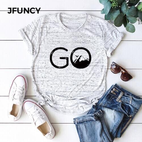 JFUNCY Plus Size Women T Shirt Go Hike Print Short Sleeve Tees Woman Tops Casual T-shirts 100% Cotton Female Tshirt