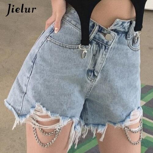 Jielur Washed Ripped Womens Denim Shorts High Waist Chain Hot Jeans for Women 2021 Summer New A-line Shorts Female S-XXL Blue
