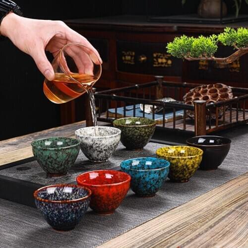 Ceramic Kiln Baked Single Cup Temmoku Glaze Cup Tea Cup Master Cup Kombucha Bowl Personal Teacup Bamboo-Hat Type Cup, Tea Set