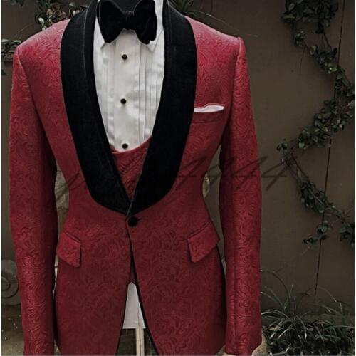 Men Suits Dark Red and Black Groom Tuxedos Shawl Velvet Lapel Groomsmen Wedding Best Man ( Jacket+Pants+Tie+Vest ) C678