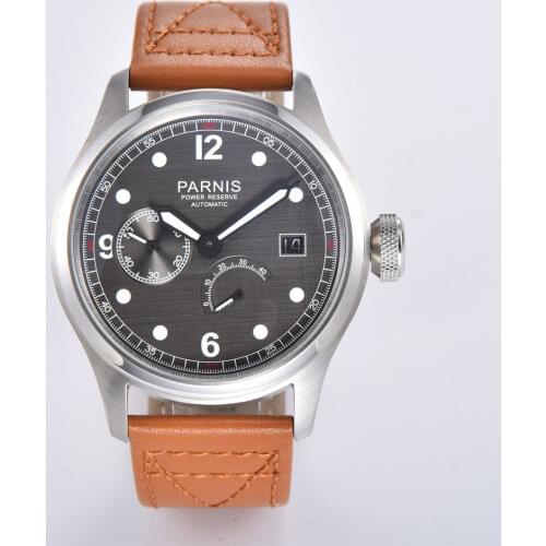PARNIS Power Reserve Auto Date 47mm Mechanical Mens Watch ST2530 Auto Movement Black Leather Strap