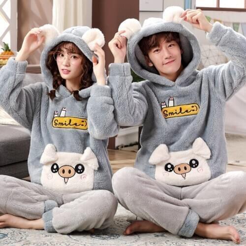 Unisex Adult Couple Pajamas Men Pajama Set Thicken Flannel Female Sleepwear Winter Warm Cute Animal Cartoon Home Service Pyjamas