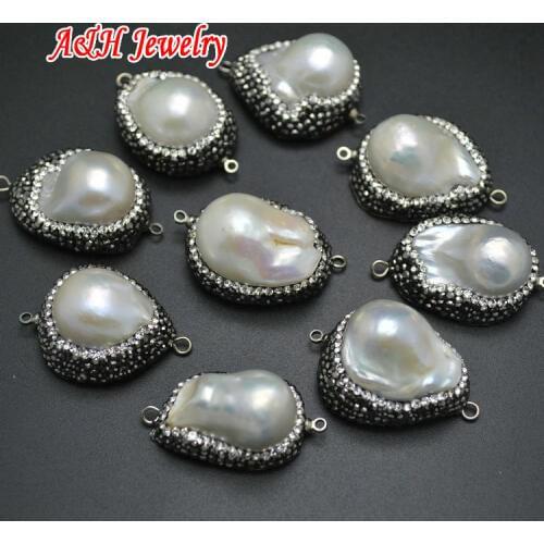 New Arrival Natural Baroque Pearl Double Loops Jewelry Connections CZ Beads Around Paved Pendants 5pc/lot
