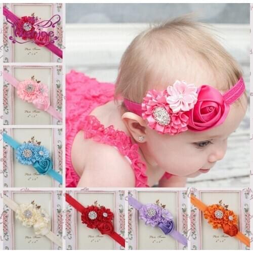 Nishine Fashion Rose Flower Headband with Rhinestone Button Kids' Hair Accessories Handmade Children Headwear Girls Gift