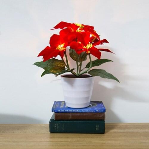 Christmas Artificial Fake Flowers Silk Flower Solar Light LED Bonsai Red Potted Waterproof Adornment Led Poinsettia Decoration