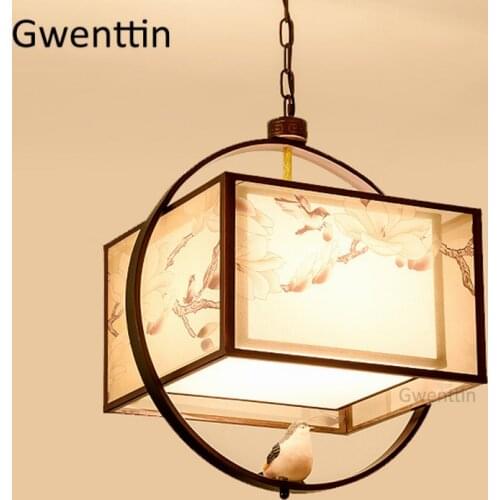 Chinese Style Fabric Lampshade Pendant Lights Bird Lamp Vintage Hanging Light Fixtures Living Room Kitchen Lighting Home Decor