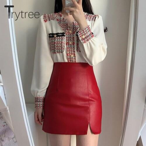 Trytree 2020 Spring Autumn Blouse Women Casual V-neck Single Breasted Patchwork Plaid Pockets Tassel Office Lady Shirts Tops