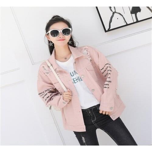 2021 New Spring Autumn Candy color Women Denim Coat Embroidery Letter jacket Jeans Jackets Casual Loose Holes Denim Coat Mujer