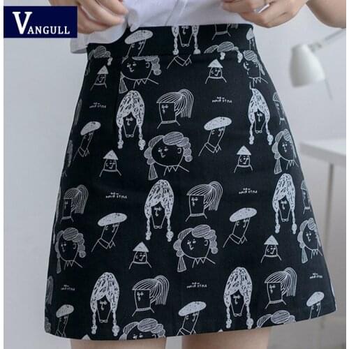 Vangull Casual Retro Cartoon printing Skirt Women Summer New High Waist Mini Skirt Fashion Hip Wap Skinny Female Zipper Skirts