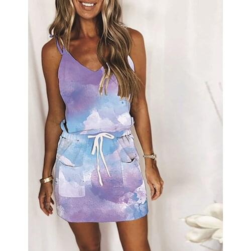 Sexy Mini Dress 2021 Fashion Gradient Drawstring Dress Summer Dress Loose Sleeveless Dress Women Comfortable Casual Beach Dress