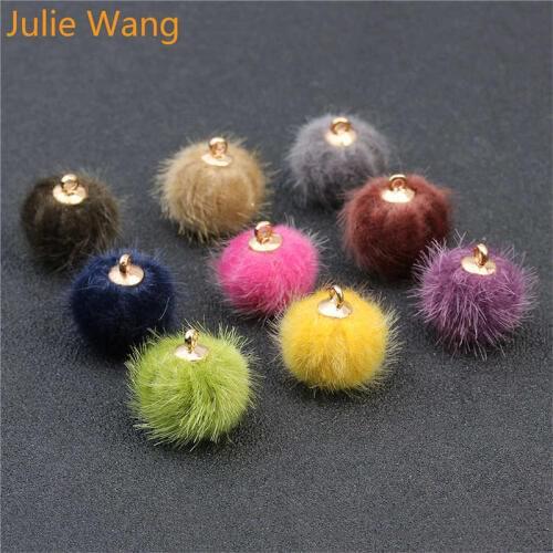 Julie Wang 12pcs Alloy+Imitation Mink Fur Round Ball Pendants Charms Necklace Earrings Bracelet Finding Jewelry Making Accessory
