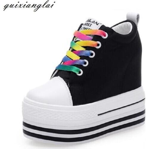 2020 New Heels Wedge Canvas Shoes Woman High Platform Sneakers Vulcanized Shoes Hidden Heel Height Increasing Casual Shoes 12CM