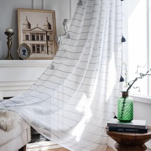 American Black and White Bohemian Stripe Black Large Hanging Tassels Light Transmission Thin Tulle Kitchen Bedroom Curtains #5
