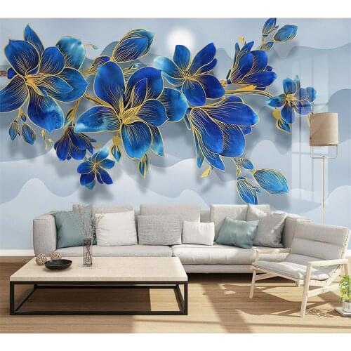 Beibehang New Chinese style blue ink line drawing flower fashion magnolia landscape light luxury background wall custom mural